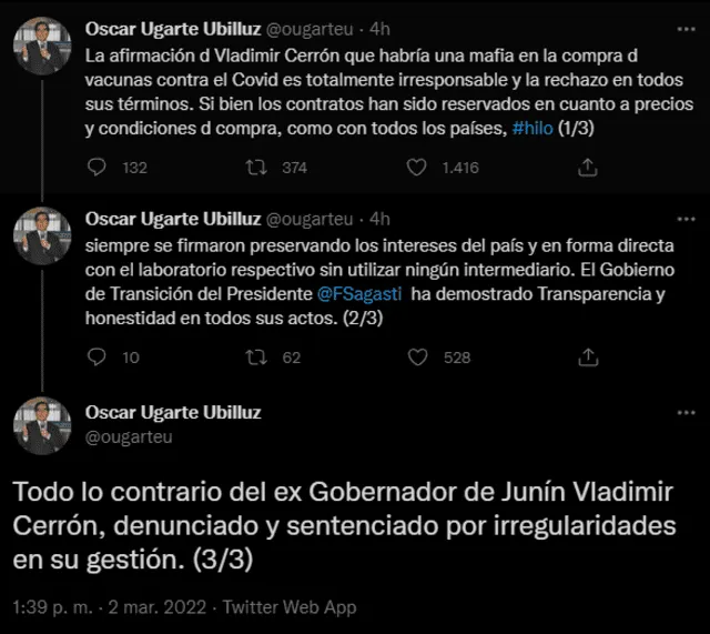 Tuits de Óscar Ugarte. Foto: captura