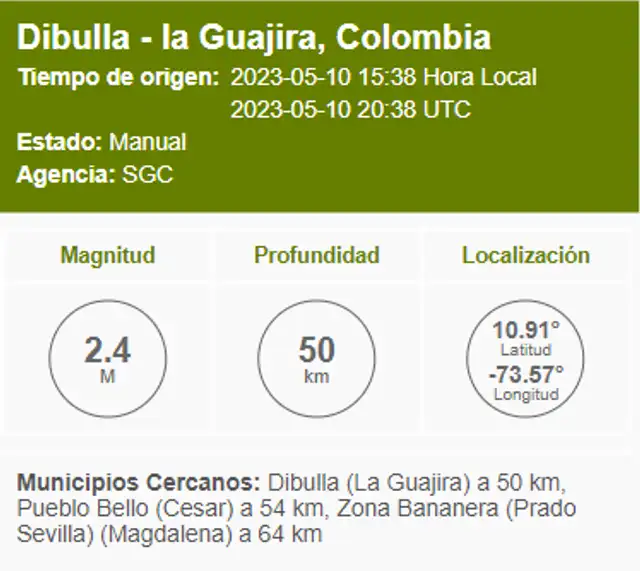Último temblor registrado en Colombia. Foto: SGC. Último temblor registrado en Colombia. Foto: SGC.
