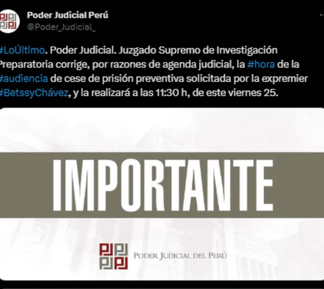 El Poder Judicial reprogramó la audiencia a solicitud de Betssy Chávez por motivos de agenda. Foto: captura Poder Judicial   