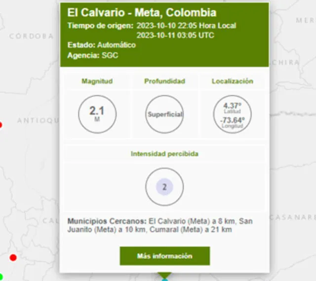 Último temblor hoy en Colombia. Foto: SGC   
