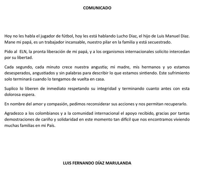 Comunicado de Luis Díaz. Foto: X/@LuisFDiaz19   