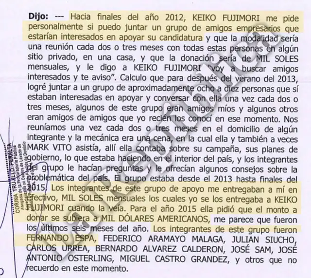 Declaración del colaborador eficaz Jorge Yoshiyama Sasaki en la que menciona que uno de los aportantes clandestinos era Fernando Espá. Foto: La República   