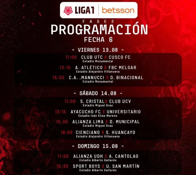 Programación fecha 6 de la Liga 1 Betsson.