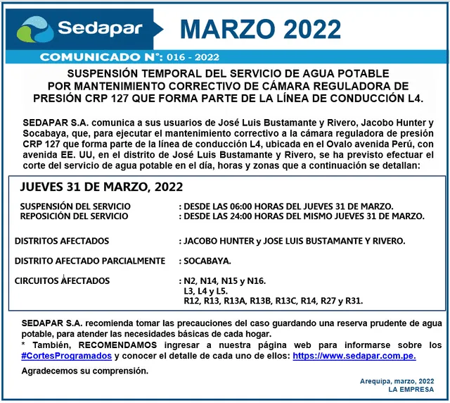 La restricción del servicio será desde las 6.00 a. m. hasta las 12.00 p.m. Foto: Sedapar