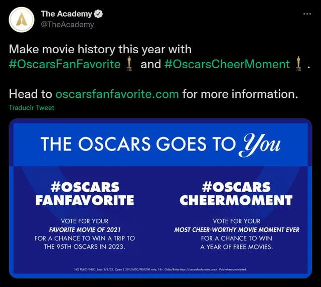 Premios Oscar 2022: fanáticos podrán votar por su película favorita
