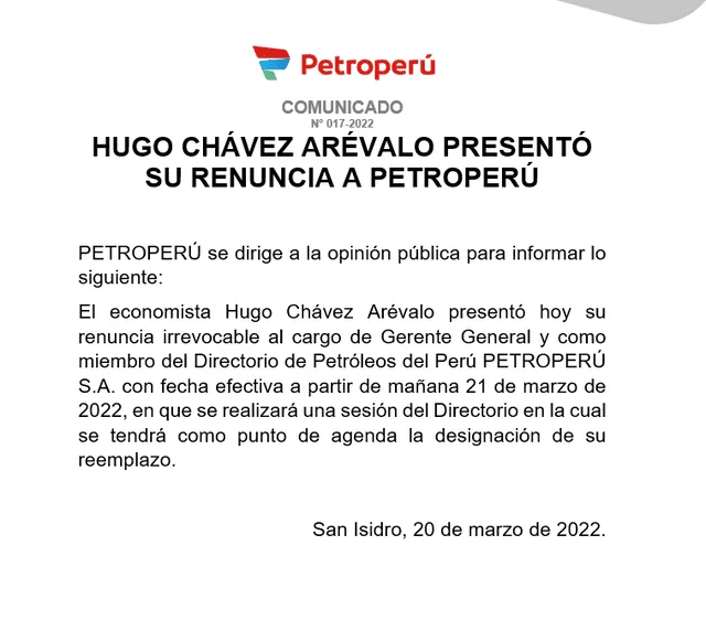 Comunicado oficial de Petroperú