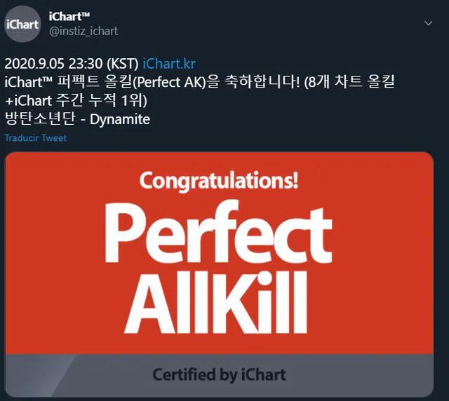 BTS consigue el 'Pefect AllKill' con "Dynamite". Créditos: @instiz_ichart