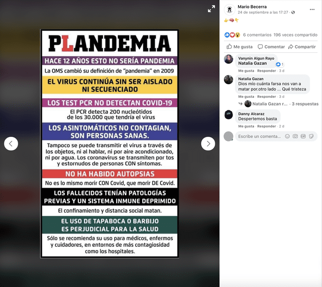 Publicación de Facebook presenta afirmaciones falsas sobre la pandemia de COVID-19. Foto: Captura.
