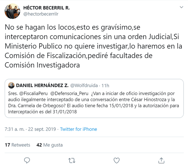 Héctor Becerril, de Fuerza Popular, manifiesta su pretensión de investigar los "audios de la corrupción".