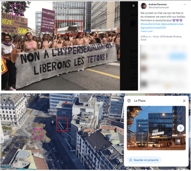  La protesta femenina se produjo en Ginebra, Suiza. Foto: capturas / X - @AndreaFlorence4 (arriba) / Google Earth (abajo).   