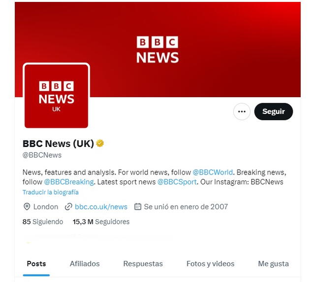 <em> Logo de la BBC News de color rojo. Es diferente de la cuenta principal. Fuente: captura de Twitter</em>   
