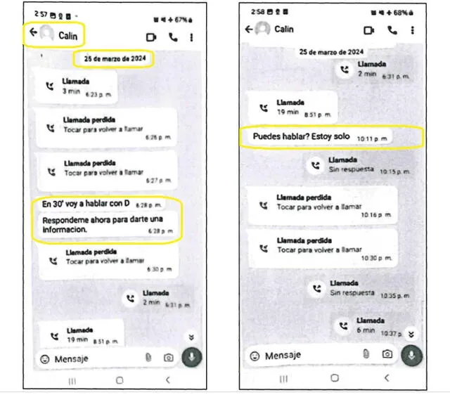 El 25 de marzo, Morán le avisa a Colchado que en 30 minutos se reunirá con "D" (Dina Boluarte) en el despacho de Mateo Castañeda. Morán luego lo llamó cuando se encontraba con la jefa de Estado y le preguntó sobre el caso de Nicanor Boluarte. Crédito: Eficcop.   
