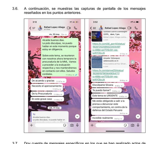  Estos son los mensajes que López Aliaga envío a Carrión. En ellos se observa como el alcalde de Lima hostiga a la exprocuradora amenazándola denunciarla ante la prensa. Foto: difusión   