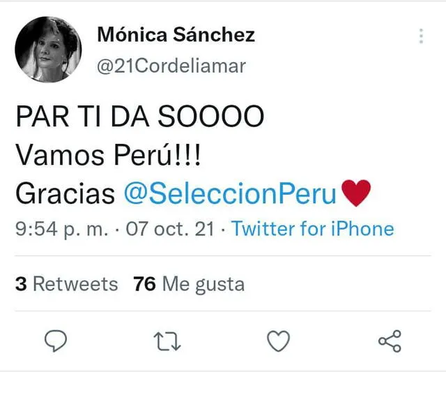 Publicación de Mónica Sánchez  Foto: Twitter