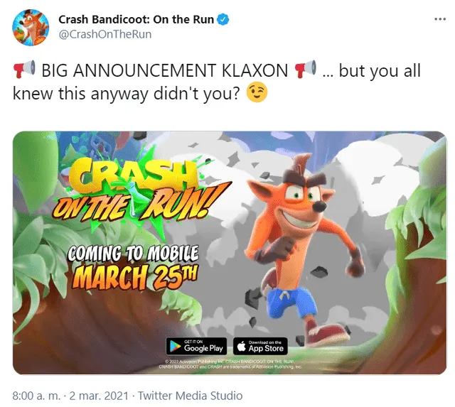 Anuncio sobre fecha de lanzamiento de Crash Bandicoot: On The Run. Foto: Twitter / @CrashOnTheRun