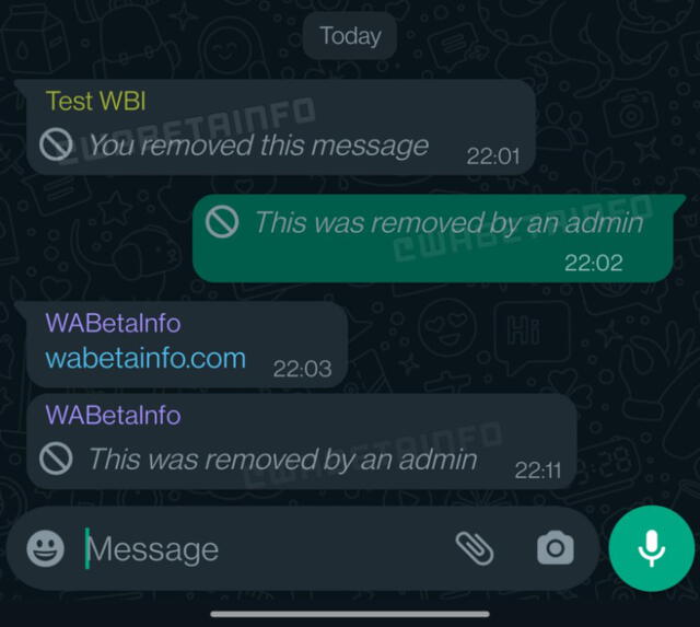 Así lucirán los mensajes borrados por los administradores de WhatsApp. Foto: Unocero