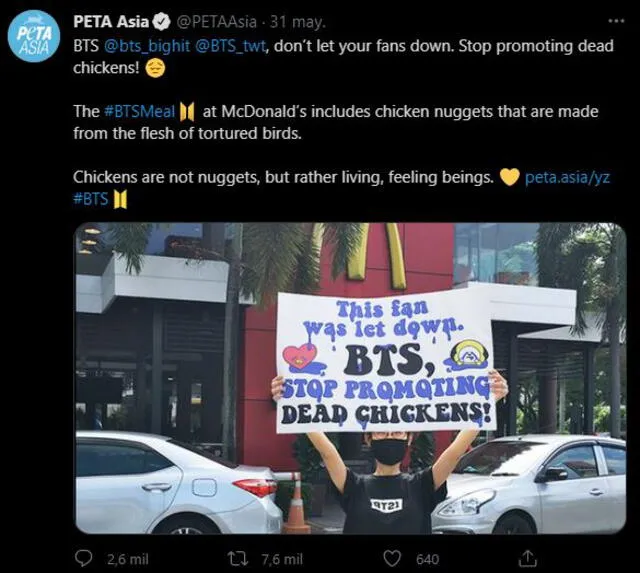 Post de PETA Asia cuestionando colaboración de BTS con McDonald's. Foto: @PETAAsia Post de PETA Asia cuestionando colaboración de BTS con McDonald's. Foto: @PETAAsia