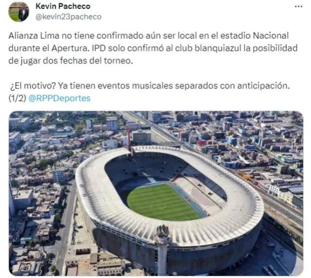Alianza Lima no tiene garantizado disponer del Estadio Nacional para todo el Apertura. Foto: captura de Kevin Pacheco/X   