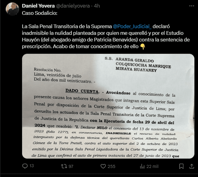 Comunicado de Daniel Yovera. Foto: X (antes Twitter) 