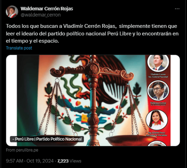 Tweet de Waldemar Cerrón sobre el paradero de su hermano   