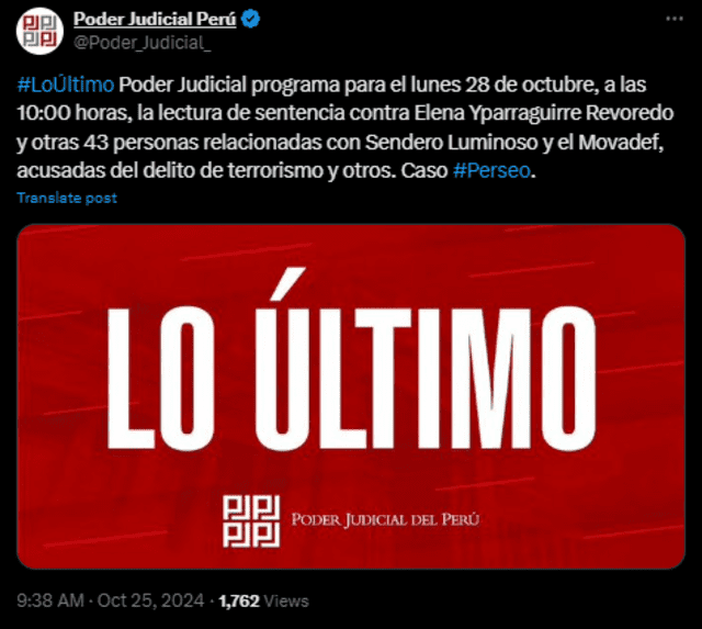 Poder Judicial programa audiencia para la lectura de sentencia para el lunes 28 de octubre.   