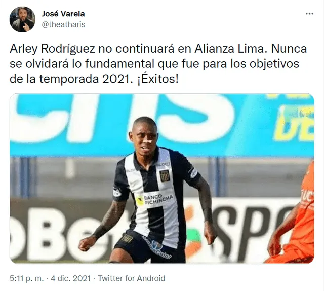 Alianza Lima perdería a Arley Rodríguez para el 2022. Foto: captura Twitter