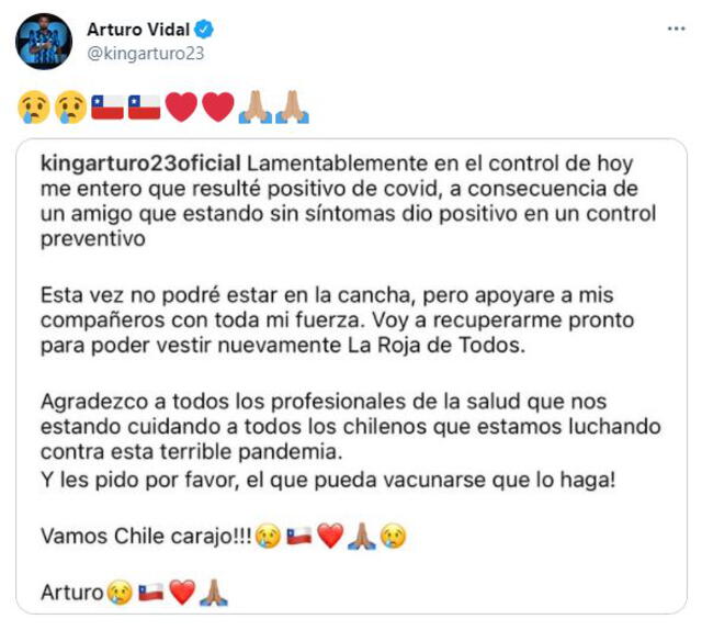 Arturo Vidal se pronunció en redes tras dar positivo a la COVID-19.