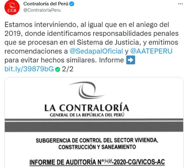 Contraloría del Perú se pronunció sobre el aniego en SJL. Foto: Twitter
