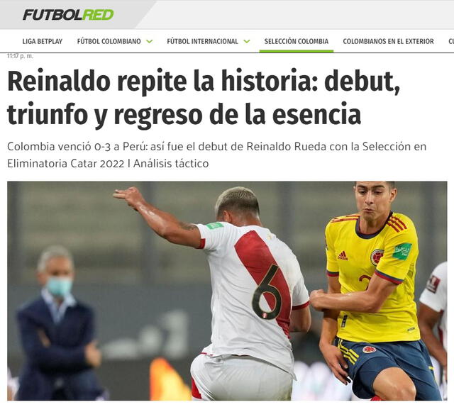 Así informó la prensa extranjera el 3-0 de Colombia a Perú. Foto: captura de pantalla/FutbolRed