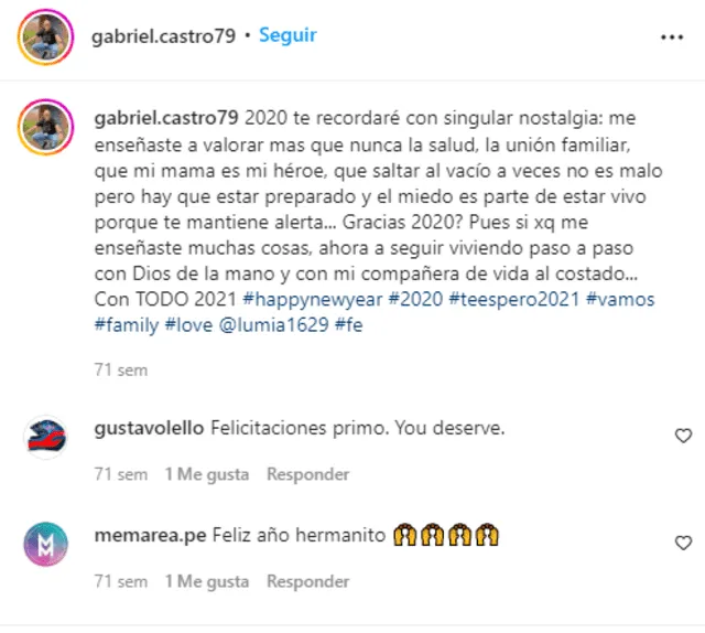Gabriel Castro agradecido con las oportunidades del 2020. Foto: Gabriel Castro/Instagram.