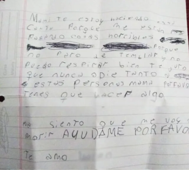 La señora, quien prefirió no revelar su identidad, relizó la denuncia a través de medios locales, en el que mostró como una de las pruebas, esta carta que escribió su niña. Foto: captura
