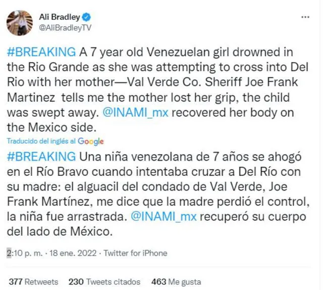 La periodista Ali Bradley informa sobre la muerte de la niña migrante al intentar cruzar el río Bravo. Foto: captura Twitter