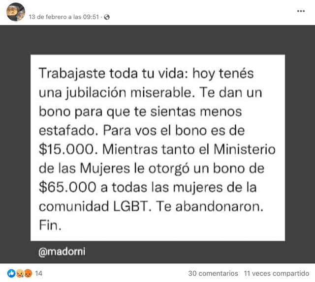 Imagen viral sobre bono del Gobierno de Argentina que beneficia, supuestamente, a personas de la comunidad LGTBI. Foto: captura LR/Facebook.   