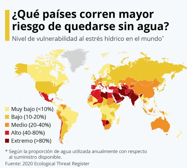  Los países que podrían quedarse sin agua en 2040. Foto: Ecological Threat Register<br>    