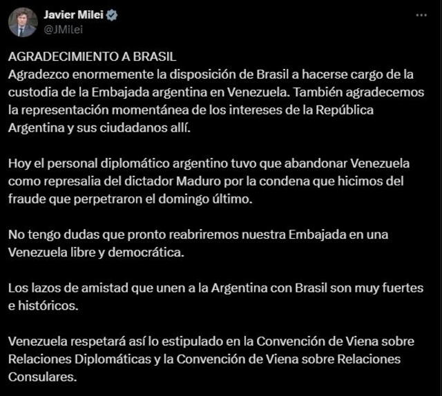 Javier Milei agradeció el apoyo del Brasil en medio de la crisis en Venezuela. Foto: captura Javier Milei/X   