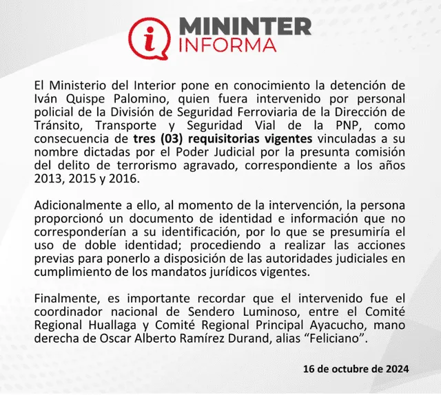 Comunicado del Ministerio del Interior.   