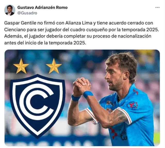 Gaspar Gentile jugó en el 2024 en Deportivo Garcilaso de Cusco. Foto: captura de Twitter/Gustavo Adrianzén   