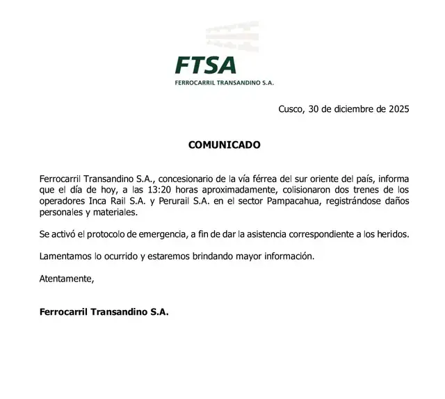  Ferrocarril Trasandino confirmó a través de un comunicado que se activó el protocolo de emergencia tras el accidente. Foto: Difusión.   