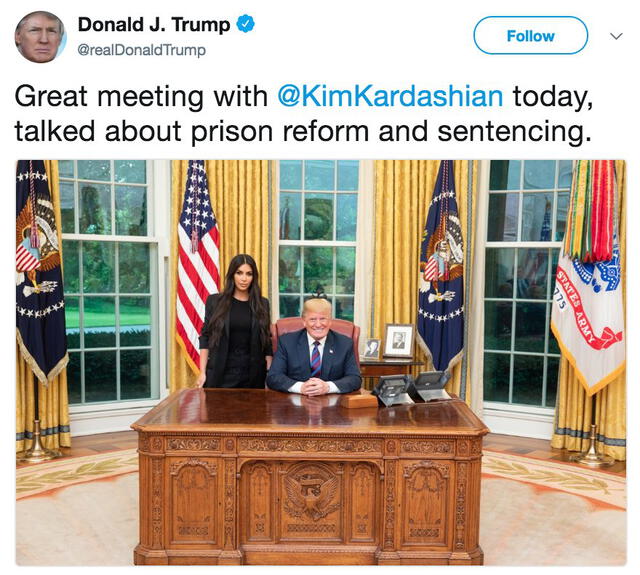 "Fue excelente reunirme con Kim Kardashian hoy. Hablamos de una reforma penitenciaria y de sentencias". Foto: captura de Twitter/Donald Trump
