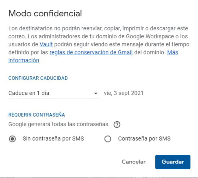 Así podrás configurar los ajustes del modo confidencial de Gmail. Foto: La República