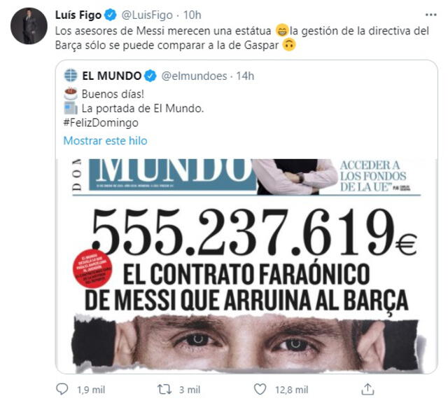 Figo dedicó un sarcástico tuit a raíz del caso Messi. Foto: captura de pantalla