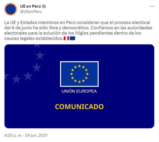  Comunicado de la Unión Europea. Foto: captura en Twitter / Unión Europea.&nbsp;   