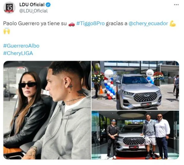 Guerrero recibió un lujoso auto. Foto: LDU Quito.   