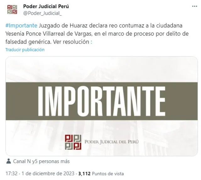  Juzgado de Huaraz se pronuncia por caso de la excongresista Yesenia Ponce. Foto: X/ Poder Judicial<br>   