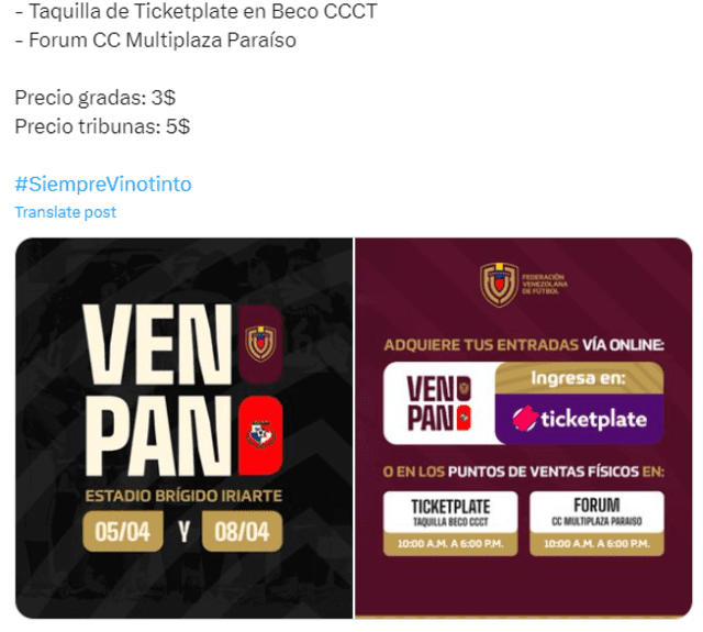 Estos son los precios para los respectivos boletos del juego amistoso entre Venezuela vs. Panamá. Foto: La Vinotinto Femenina/X   