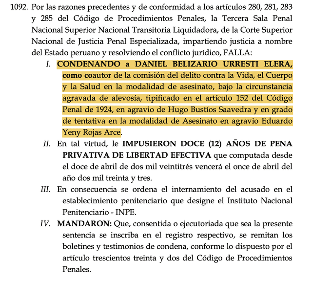 Condena de la Tercera Sala Penal Superior Nacional Transitoria Liquidadora contra Daniel Urresti.   