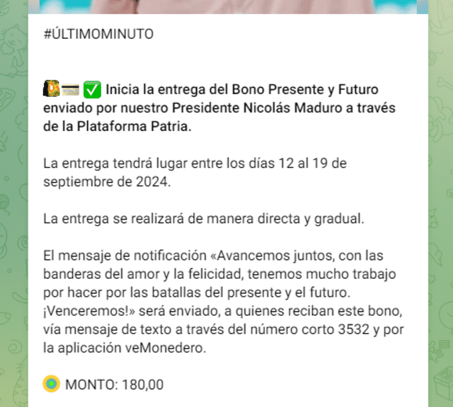 El Primer Bono Especial de este mes se pagó el 12 de septiembre. Foto: Canal Patria Digital/Telegram