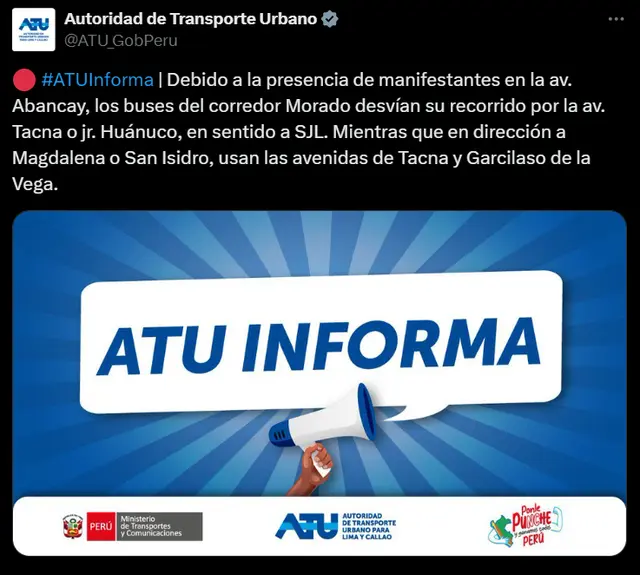 Se recomienda a la ciudadanía estar pediente a los canales oficiales de ATU.   