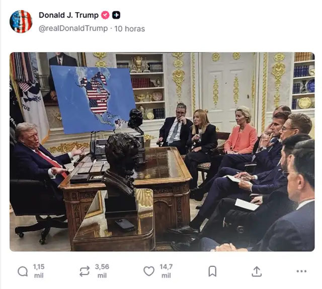  La segunda imagen muestra a líderes europeos reunidos con Trump para ver el "nuevo mapa de EE.UU.". Foto: @realDonaldTrump/Truth Social<br>    