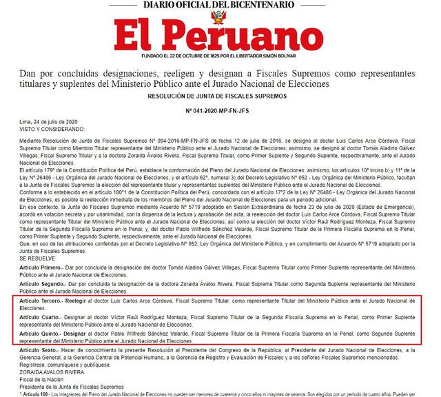 Resolución de la Junta de Fiscales Supremos. Foto: captura diario El Peruano.